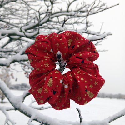 Red 14cm Christmas Scrunchie with Hearts and Stars