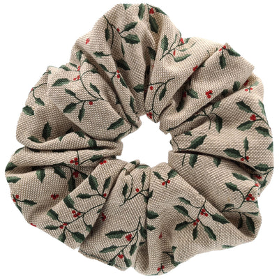 Beige Christmas Holly Print Scrunchie 14cm