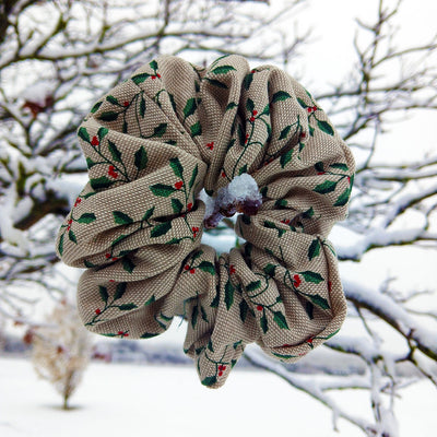 Beige Christmas Holly Print Scrunchie 14cm