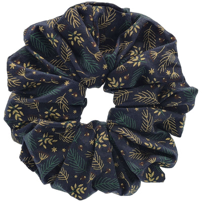 Festive 14cm Blue Scrunchie with Gold and Green Sprigs