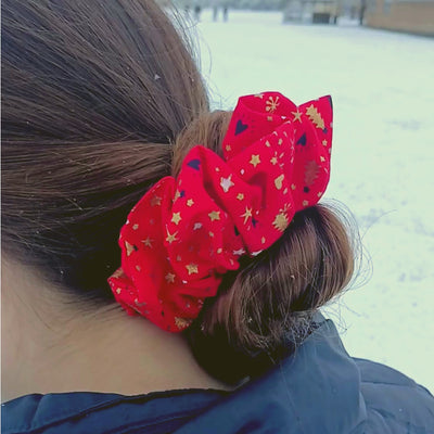 Red 14cm Christmas Scrunchie with Hearts and Stars