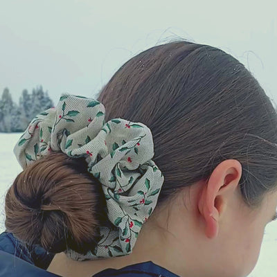 Beige Christmas Holly Print Scrunchie 14cm