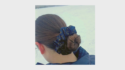 Festive 14cm Blue Scrunchie with Gold and Green Sprigs